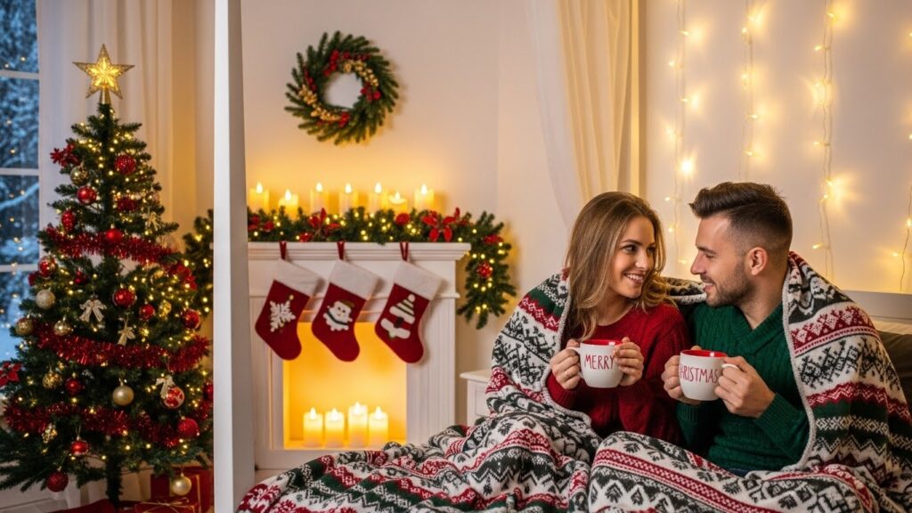A couple with hot drinks on a bed beside a decorated Christmas tree and a stocking hung mantelpiece