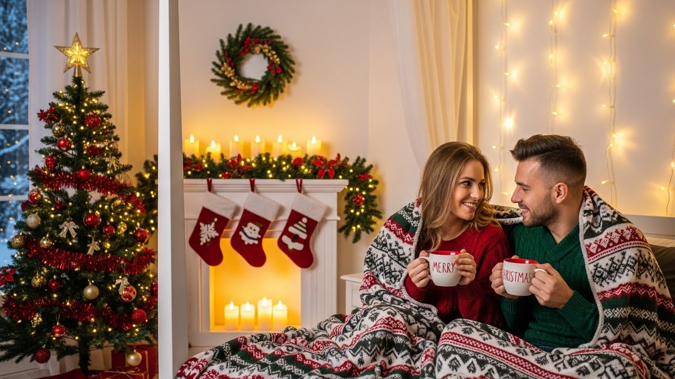 A couple sits on a couch in a living room decorated for Christmas with a tree, stockings, and lights.