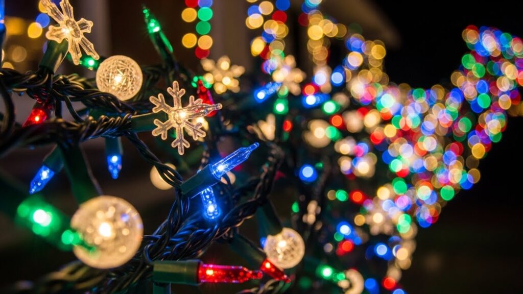 A close up of multicoloured Christmas lights and snowflake ornaments