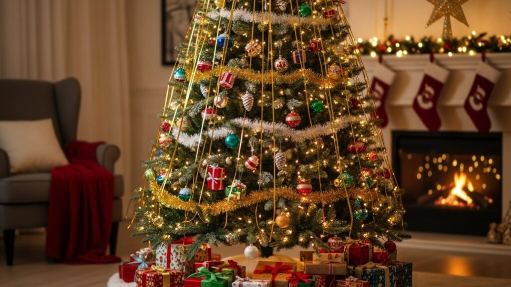 A decorated Christmas tree with presents beneath it beside a lit fireplace