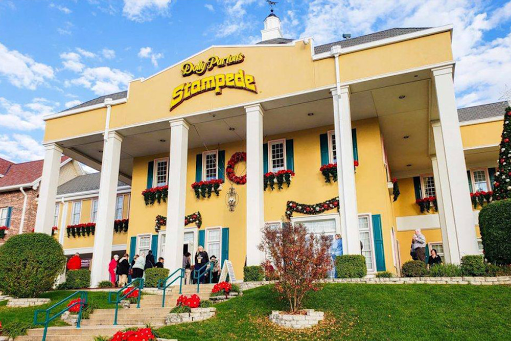 Dolly Parton's Stampede exterior in Branson Missouri with holiday decorations