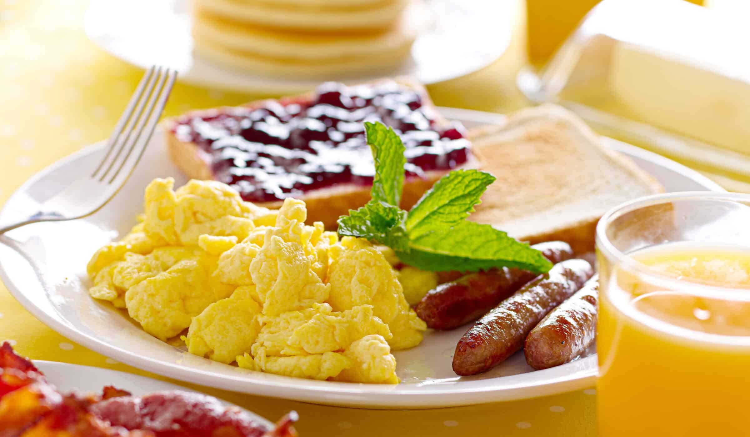 Famous Breakfast Buffet scrambled eggs sausage toast and orange juice at Thousand Hills Resort Hotel Branson Missouri