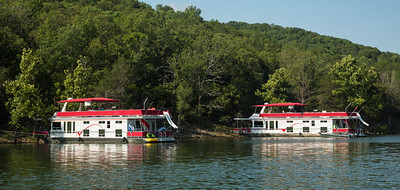 Red-and-white pontoon boats docked on the calm, tree-lined waters of Table Rock Lake near Branson, Missouri in August