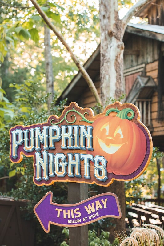 Pumpkin Nights wooden directional sign at Silver Dollar City during fall in Branson